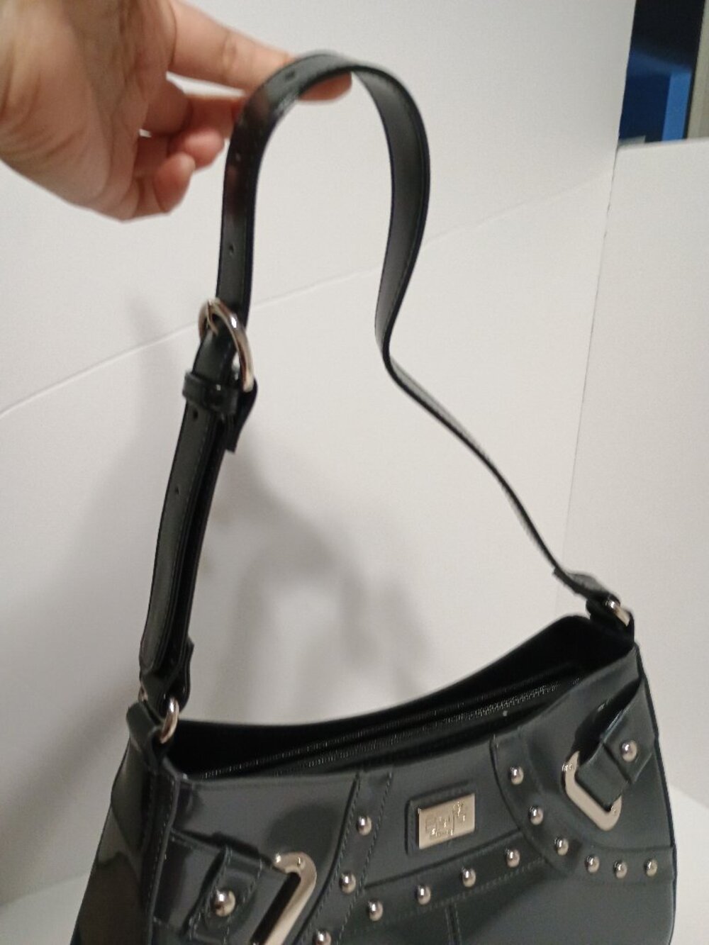 Beijo Classic Black Patent Leather Look Studded Shoulder Bag Y2K Buckle Accent - Picture 4 of 12